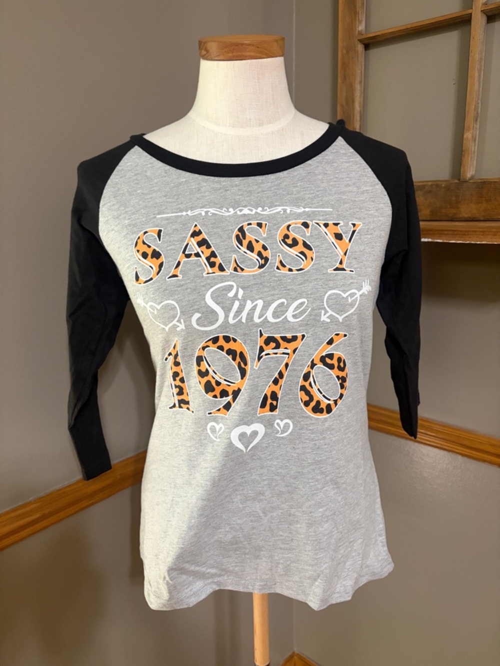 Sassy Since 1976 Grey & Black Raglan Tee size small